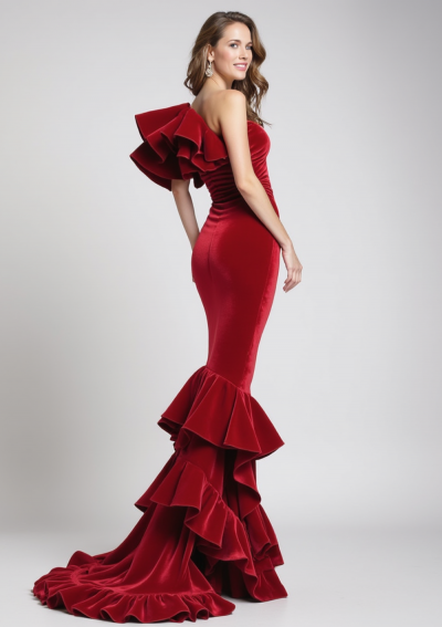 DELIA Vestido largo rojo de terciopelo rojo ceñido al cuerpo con volante