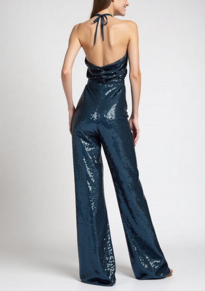LITA Blue Sequin Jumpsuit with Dropped Neckline and Semi-Covered Back