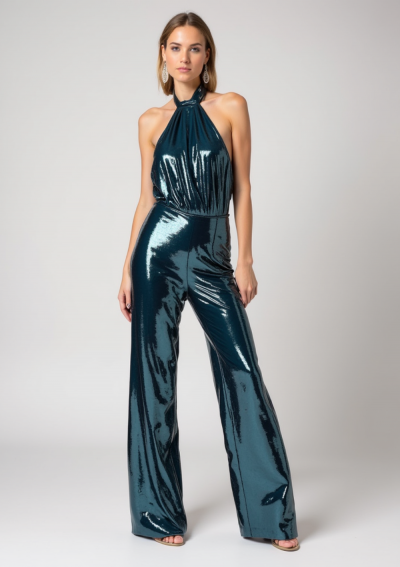 LITA Blue Sequin Jumpsuit with Dropped Neckline and Semi-Covered Back