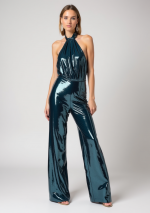 LITA Blauwe jumpsuit met pailletten, verlaagde halslijn en half bedekte achterkant