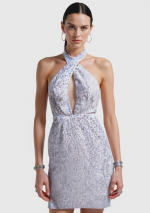 AURORA Vestido Corto de Lentejuelas con Top Cruzado y Cuello Halter