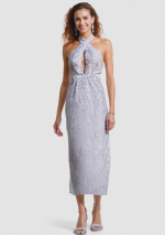 CRISTAL Vestido Largo Blanco de Lentejuelas con Top Cruzado, Cuello Halter y Abertura Lateral