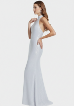 BIANCA Long white sequin dress with a high neck and semi-open back