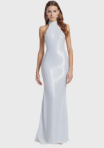 BIANCA Vestido largo de lentejuelas blancas con cuello alto, espalda semi descubierta