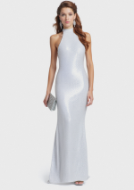 BIANCA Robe longue à sequins blancs avec col montant et dos semi-découvert