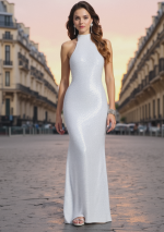 BIANCA Long white sequin dress with a high neck and semi-open back