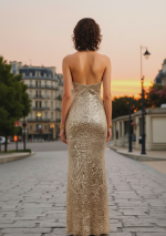 ORIETTA, long gold sequin dress with a high neckline and open back