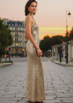 ORIETTA, long gold sequin dress with a high neckline and open back