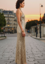 ORIETTA, robe longue dorée à sequins avec col montant et dos découvert