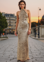 ORIETTA, long gold sequin dress with a high neckline and open back