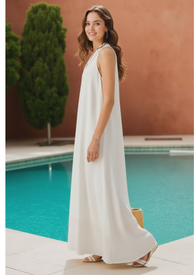 PURA long white linen dress with V-neck and sleeveless design