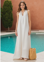 PURA vestido blanco largo de lino cuello en v y manga sisa