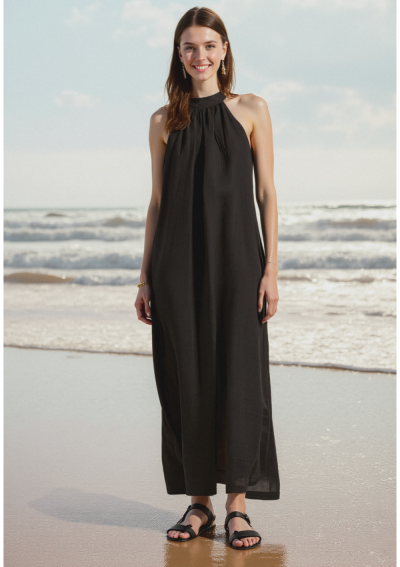 NOCHE, langes schwarzes ärmelloses Leinenkleid