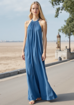 EQUI, langes blaues ärmelloses Leinenkleid