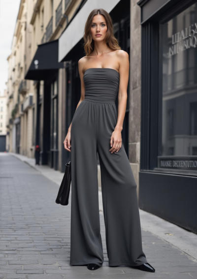 TANIA Dunkelgrauer Jumpsuit mit Drapierung und geradem Bein