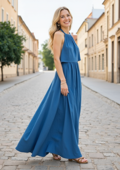 SAFI robe bleue en lin avec top subtil, col ajustable et délicat volant féminin.
