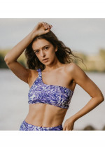 KUNZITA Haut asymétrique à imprimé palmier blanc et bleu