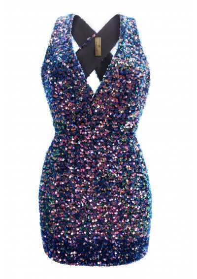 LIA Luxury robe courte à sequins avec un profond décolleté en V devant et dos