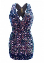 LIA Luxury robe courte à sequins avec un profond décolleté en V devant et dos