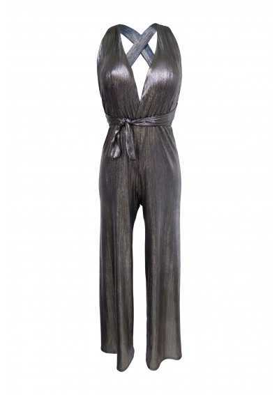 AKOYA Silberner jumpsuit mit Neckholder-V-Ausschnitt