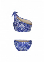 KURA Weißer One-Shoulder-Bikini mit blauem Palmen-Print