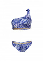 KURA Bikini blanco de un solo hombro con estampado de palmeras azul