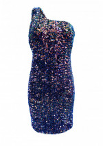 ALINA One shoulder dark blue sequins short dress