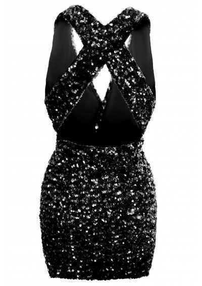 KALA Robe courte noires à sequins avec un profond décolleté en V devant et dos