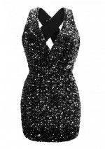 KALA Robe courte noires à sequins avec un profond décolleté en V devant et dos