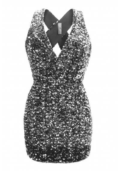 ZARA Robes courtes à paillettes argentées avec un décolleté en V profond sur le devant et dans le dos