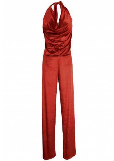RUBI Red velvet jumpsuit with drop neck with semi-covered back