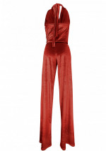 RUBI Rood fluwelen jumpsuit met verlaagde hals en half bedekte rug
