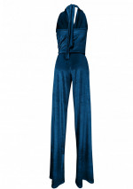 „SABA“ – jumpsuit aus dunklem Samt mit tiefem Ausschnitt und halbbedecktem Rücken