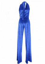 XUANA Cobalt blue velvet jumpsuit with drop neck with semi-covered back