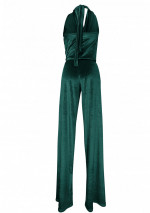 ESME Groene fluwelen jumpsuit met verlaagde hals en halfbedekte rug
