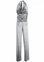 CLARA lichtzilveren fluwelen jumpsuit met verlaagde halslijn en halfbedekte rug