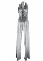 CLARA light silver velvet jumpsuit with drop neck with semi-covered back