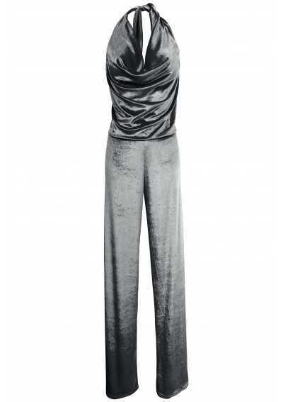 PLATA Dark grey velvet jumpsuit with drop neck with semi-covered back