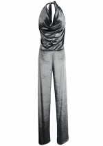 PLATA Dark grey velvet jumpsuit with drop neck with semi-covered back