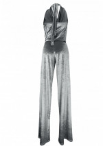 PLATA Donkergrijze fluwelen jumpsuit met verlaagde halslijn en halfbedekte rug