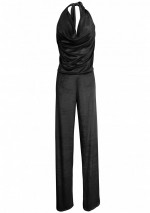 POLA Black velvet jumpsuit with drop neck with semi-covered back