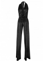 POLA Zwart fluwelen jumpsuit met verlaagde halslijn en halfbedekte rug