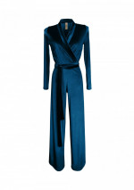 REALEZA Donkerblauwe petrol jumpsuit met lange mouwen in stretch fluweel
