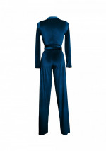REALEZA Donkerblauwe petrol jumpsuit met lange mouwen in stretch fluweel