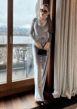 BARODA Silver jumpsuit with long sleeves in stretch velvet