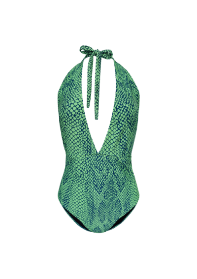 SALOMÉ One-piece halter swimsuit with green snake animal print