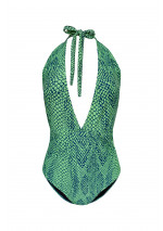 SALOMÉ One-piece halter swimsuit with green snake animal print