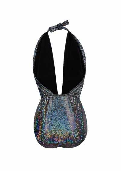 VIVIANA Black halter one-piece swimsuit with holographic print