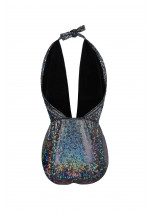 VIVIANA Black halter one-piece swimsuit with holographic print