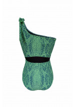 KATRINA One-piece asymmetrical swimsuit with green snake animal print